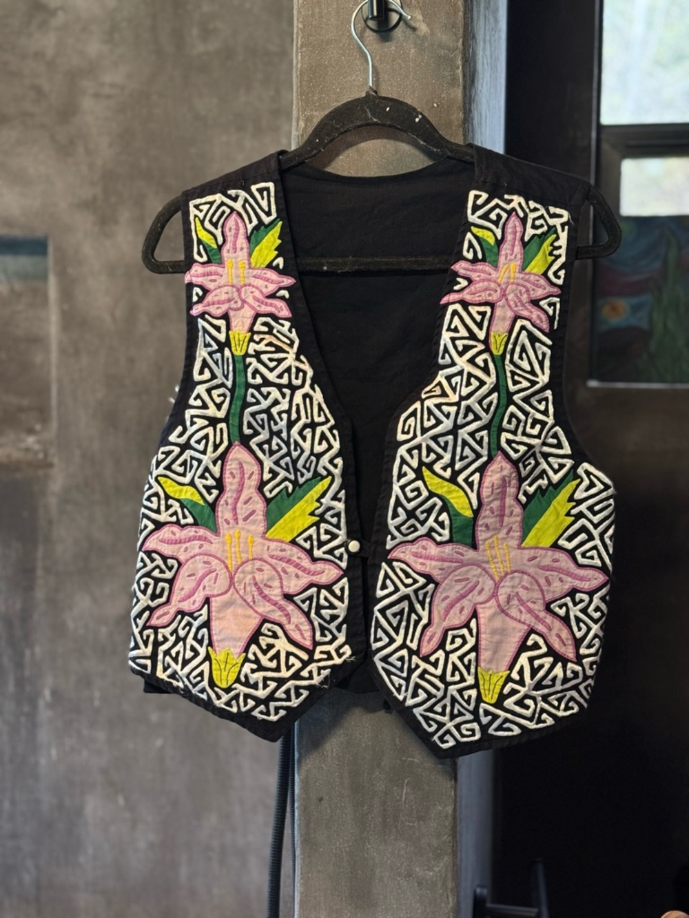 Hand-Made Floral Black Vest with Pink Lilies